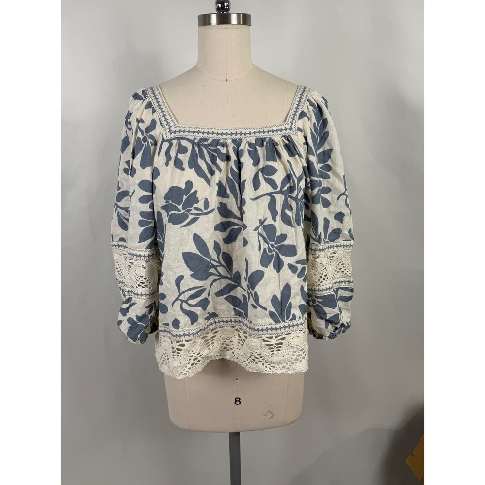 Christian Siriano Large Boxy Floral‎ Linen Crochet Boho Gypsy Hippy Vacation Top